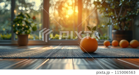Sunlit orange on a cozy rug warms interior. Natural elements freshen home decor 115006563