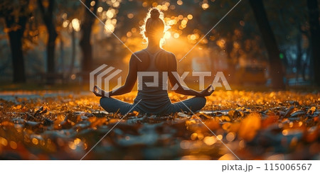 A woman sits in lotus position on leaves in a park 115006567