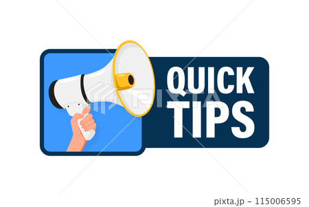 Quick tips. Hand hold megaphone speaker for announce. Attention please. Shouting people, advertisement speech symbol 115006595