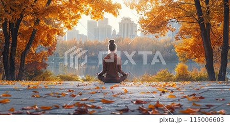 Meditation in Autumn Park with Urban Skyline, surrounded by peaceful nature and serene atmosphere 115006603