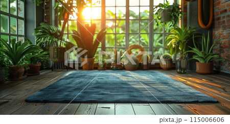 A cozy living room adorned with numerous potted plants and a rug 115006606