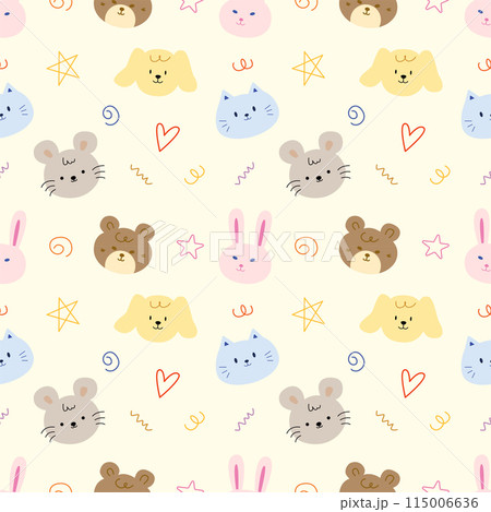Cute face animal hand drawn doodle seamless pattern background for wallpaper and wrapping. Rabbit, bear, rat, dog and cat Cute face animal hand drawn doodle seamless pattern background for wallpaper and wrapping. Rabbit, bear, rat, dog and cat 115006636