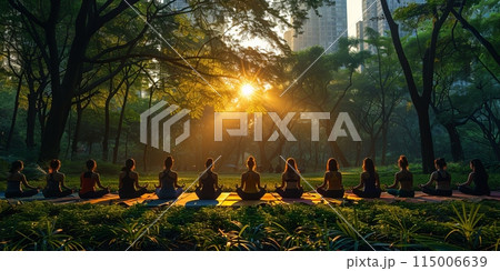 At sunset, a group practices yoga in a park with trees and sunlight At sunset, a group practices yoga in a park with trees and sunlight 115006639