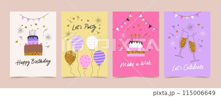 Happy birthday card set with cake, balloons and calligraphy. Cute bright vector templates 115006649
