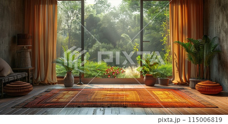 The living room features a rug, a large window, and a view of the forest The living room features a rug, a large window, and a view of the forest 115006819