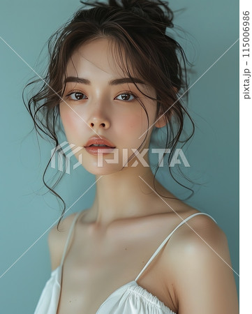 Asian woman skin care model on blue background. 115006986