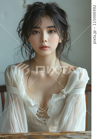 Asian woman skin care model on blue background. 115006992