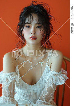 Asian woman skin care model on plain background. 115007025