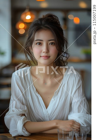 Asian woman skin care model on blue background. 115007199