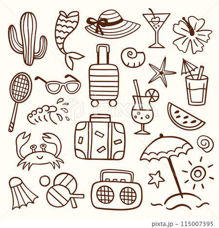 Summer Doodle Sketches Hand Drawn Beach Shapes Set 115007395
