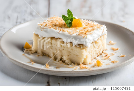 Rich moist Tres Leches cake with coconut and creamy milk, AI Generated 115007451