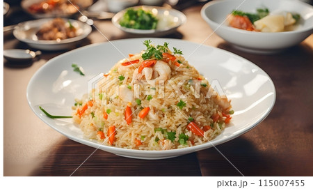 Crab Fried Rice served with delicious sides, AI Generated 115007455