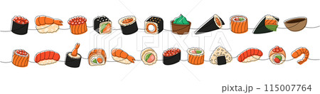 Sushi and rolls set. Japanese traditional food one line drawing. Ikura sushi, tobiko maki, philadelphia roll, onigiri, shrimp nigiri, tekkamaki tuna 115007764