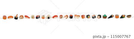 Set of seafood sushi rolls. Japanese cuisine, traditional food one line drawing. Ikura sushi, tobiko maki, onigiri, shrimp nigiri, soy bowl, vasabi 115007767