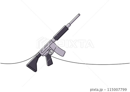 Automatic assault rifle one line colored continuous drawing. Various modern weapons continuous one line illustration. Vector linear illustration. 115007799