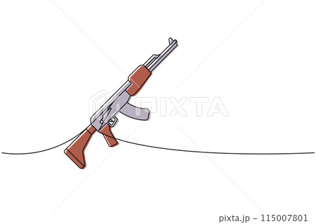 Assault rifle AK 47 one line colored continuous drawing. Various modern weapons continuous one line illustration. Vector linear illustration. 115007801