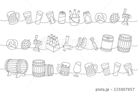 Set of brewery one line continuous drawing. Wooden barrels, cans, glasses, mugs, metal keg, bottle opener, sausages, tap, hop cone. 115007857