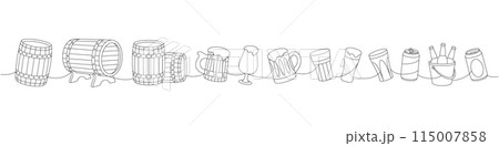 Beer set one line continuous drawing. Old wooden barrels, cans, glasses, mugs continuous one line illustration. Vector linear illustration. Beer set one line continuous drawing. Old wooden barrels, cans, glasses, mugs continuous one line illustration. Vector linear illustration. 115007858
