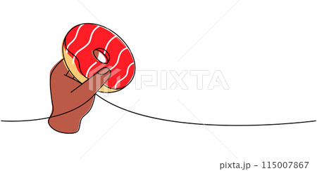 Hand holds a donut one line colored continuous drawing. Bakery sweet pastry food. Vector linear illustration. 115007867