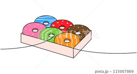 Donuts in open box one line colored continuous drawing. Bakery sweet pastry food. Vector linear illustration. Donuts in open box one line colored continuous drawing. Bakery sweet pastry food. Vector linear illustration. 115007869
