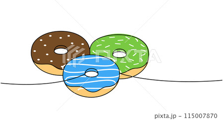 Donuts with icing one line colored continuous drawing. Bakery sweet pastry food. Vector linear illustration Donuts with icing one line colored continuous drawing. Bakery sweet pastry food. Vector linear illustration 115007870
