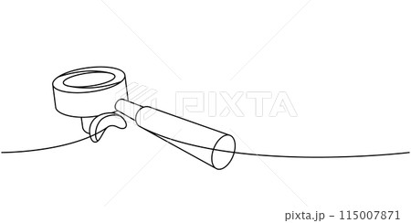 Portafilter for coffee machine one line continuous drawing. Hand drawn elements for cafe menu, coffee shop. Vector linear illustration. Portafilter for coffee machine one line continuous drawing. Hand drawn elements for cafe menu, coffee shop. Vector linear illustration. 115007871