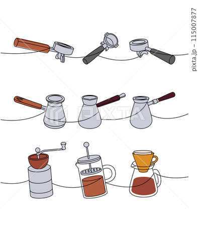 Coffee shop one line colored continuous drawing. Portafilters, Turkish coffee pots, grinders, French press continuous one line colored illustration. Coffee shop one line colored continuous drawing. Portafilters, Turkish coffee pots, grinders, French press continuous one line colored illustration. 115007877