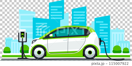 A white and green electric car is charging at a charging station in a city. EV vehicle. 115007922