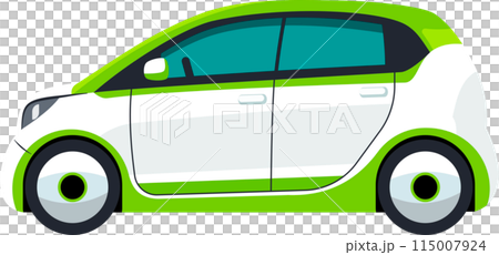 A green and white electric car is being charged at a charging station 115007924