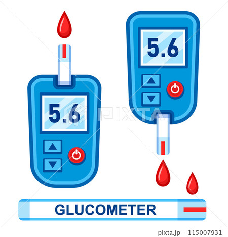 Glucometer, blood glucose test meter device, diabetic insulin control. Sugar level medical measuring from finger hand. Diabetes disease diagnosis. Electronic medicine equipment. Health care vector 115007931
