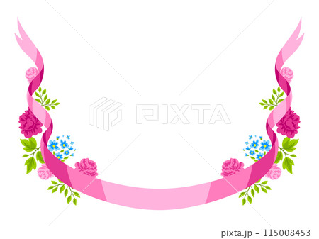Frame with flowers and ribbon. Beautiful decorative natural plants and leaves. Frame with flowers and ribbon. Beautiful decorative natural plants and leaves. 115008453
