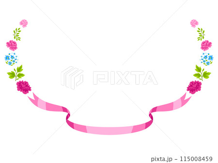 Frame with flowers and ribbon. Beautiful decorative natural plants and leaves. Frame with flowers and ribbon. Beautiful decorative natural plants and leaves. 115008459