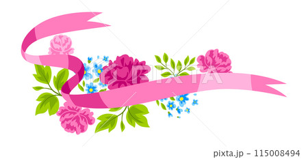 Background with flowers and ribbon. Beautiful decorative natural plants and leaves. Background with flowers and ribbon. Beautiful decorative natural plants and leaves. 115008494
