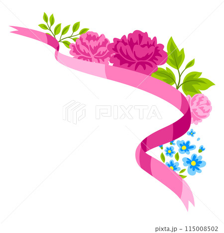Background with flowers and ribbon. Beautiful decorative natural plants and leaves. Background with flowers and ribbon. Beautiful decorative natural plants and leaves. 115008502