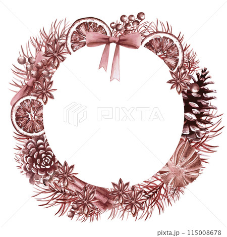 Monochrome round frame, wreath for Christmas, New Year in watercolor illustration on a white background. Hand drawn drawing for the design of Christmas letters, cards, invitations, wreaths. Monochrome round frame, wreath for Christmas, New Year in watercolor illustration on a white background. Hand drawn drawing for the design of Christmas letters, cards, invitations, wreaths. 115008678
