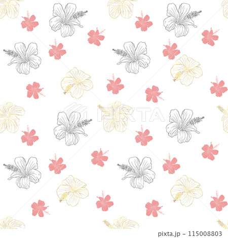Hibiscus flower girly seamless pattern for textile design, scrapbook, wallpaper. Line art pink and golden hand drawn tropical floral background. 115008803
