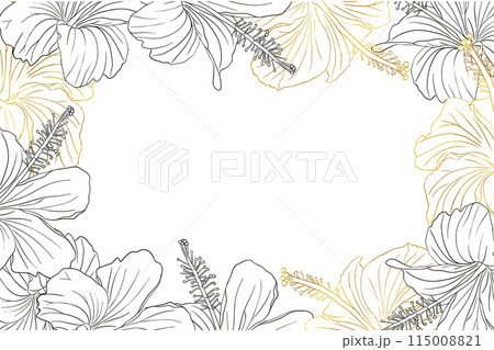 Hibiscus flower frame boarder for design of card, wedding invite, scrapbook. Line art black ink and golden hand drawn tropical floral background. 115008821