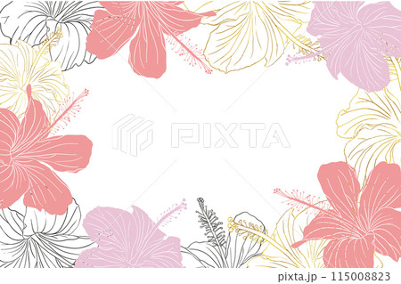 Hibiscus flower frame boarder for design of card, wedding invite, scrapbook. Line art black ink, golden, silhouette and golden hand drawn tropical floral background. Hibiscus flower frame boarder for design of card, wedding invite, scrapbook. Line art black ink, golden, silhouette and golden hand drawn tropical floral background. 115008823