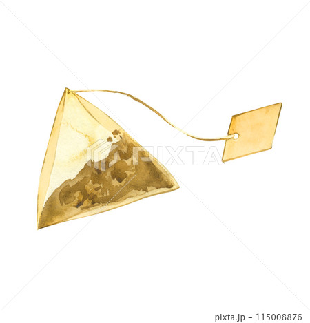 A tea bag in the shape of a pyramid with a thread and a label. Watercolor illustration. All elements are hand-painted in watercolor. For printing on fabric and paper, textiles, kitchen. 115008876