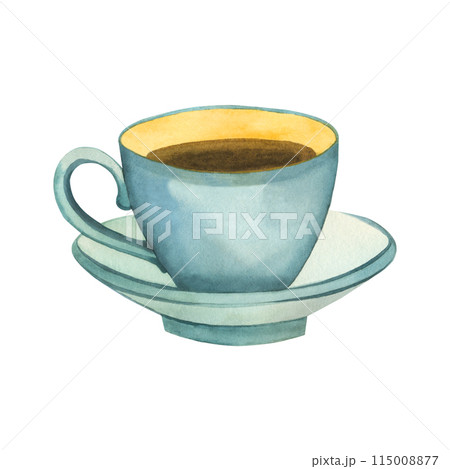 Tea cup. Illustration. Blue tea cup with saucer and drink inside. All elements are hand-painted in watercolor on a white background. Suitable for printing on fabric and paper, textiles, kitchen. Tea cup. Illustration. Blue tea cup with saucer and drink inside. All elements are hand-painted in watercolor on a white background. Suitable for printing on fabric and paper, textiles, kitchen. 115008877