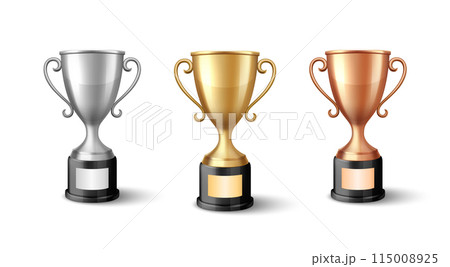 Vector Blank Golden, Silver and Bronze Champion Cup Isolated on White Background. Design Template of Championship Trophy. Sport Tournament Award, Winner Cup and Victory Concept Vector Blank Golden, Silver and Bronze Champion Cup Isolated on White Background. Design Template of Championship Trophy. Sport Tournament Award, Winner Cup and Victory Concept 115008925