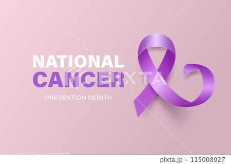 National Cancer Prevention Month, February. Banner, Card, Placard with Realistic 3D Vector Lavender Ribbon on Lavender Background. Cancer Awareness Month Symbol, Closeup. World Cancer Day Concept 115008927