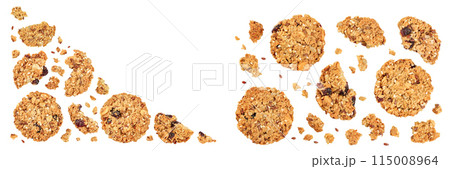 Granola cookie isolated on white background with full depth of field. Top view with copy space for your text. Flat lay. 115008964