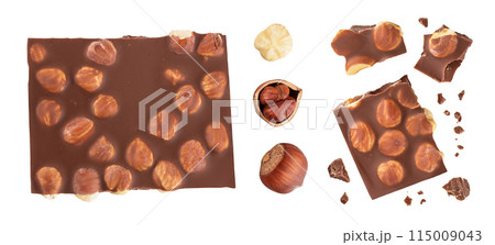 Chocolate with hazelnuts isolated on white background with full depth of field. Top view. Flat lay 115009043