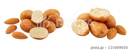 Marzipan balls or potatoes with almond isolated on white background full depth of field 115009050