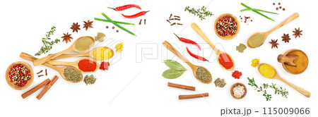 mix of spices in wooden spoon isolated on a white background with copy space for your text. Top view. Flat lay. Set or collection 115009066