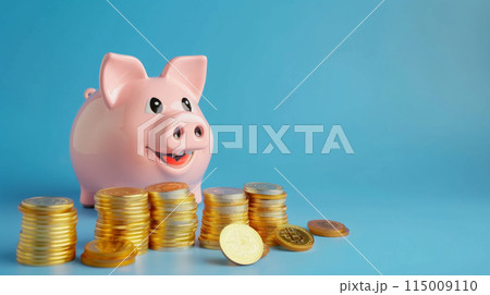 Smiling Piggy Bank with Gold Coins: Savings Success. Generative AI	 115009110