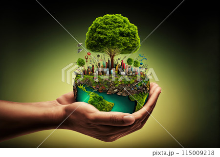 Ecological sustainability concept with stylized Earth as our home. Generated AI. 115009218