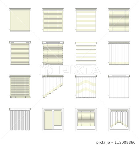 Window Blind, Curtain and Jalousie Thin Line Icon Set Horizontal and Vertical View. Vector illustration of Icons Window Blind, Curtain and Jalousie Thin Line Icon Set Horizontal and Vertical View. Vector illustration of Icons 115009860