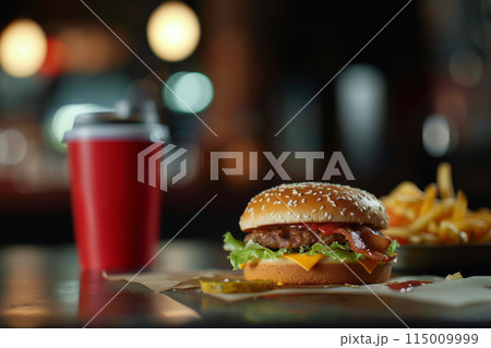 Hamburger With Cheese and Lettuce on Table 115009999